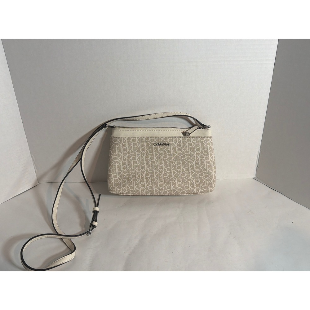 Calvin Klein Monogram Logo Crossbody Bag Cream Taupe Faux Leather Shoulder Bag